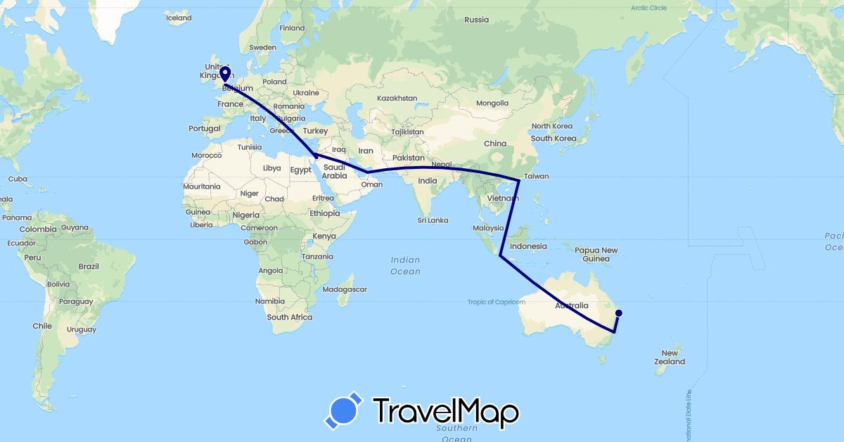 TravelMap itinerary: driving in United Arab Emirates, Australia, China, United Kingdom, Indonesia, Israel, Jordan (Asia, Europe, Oceania)